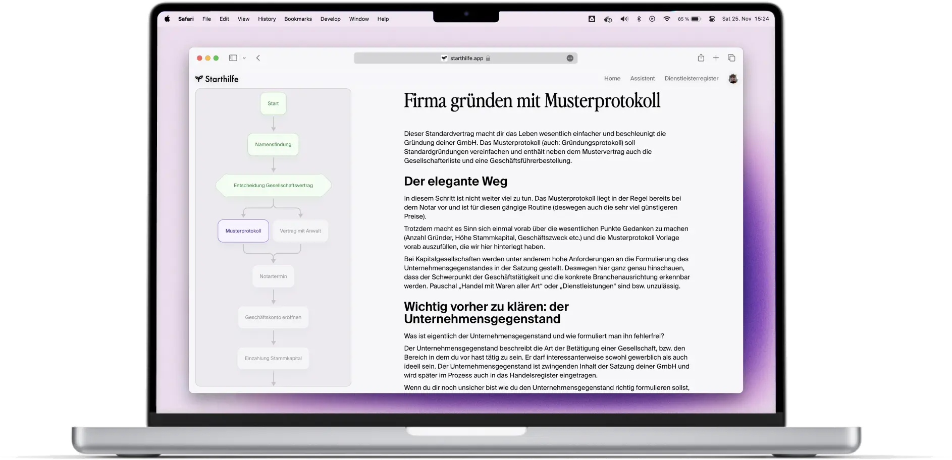 Image of a macbook showing the starthilfe page